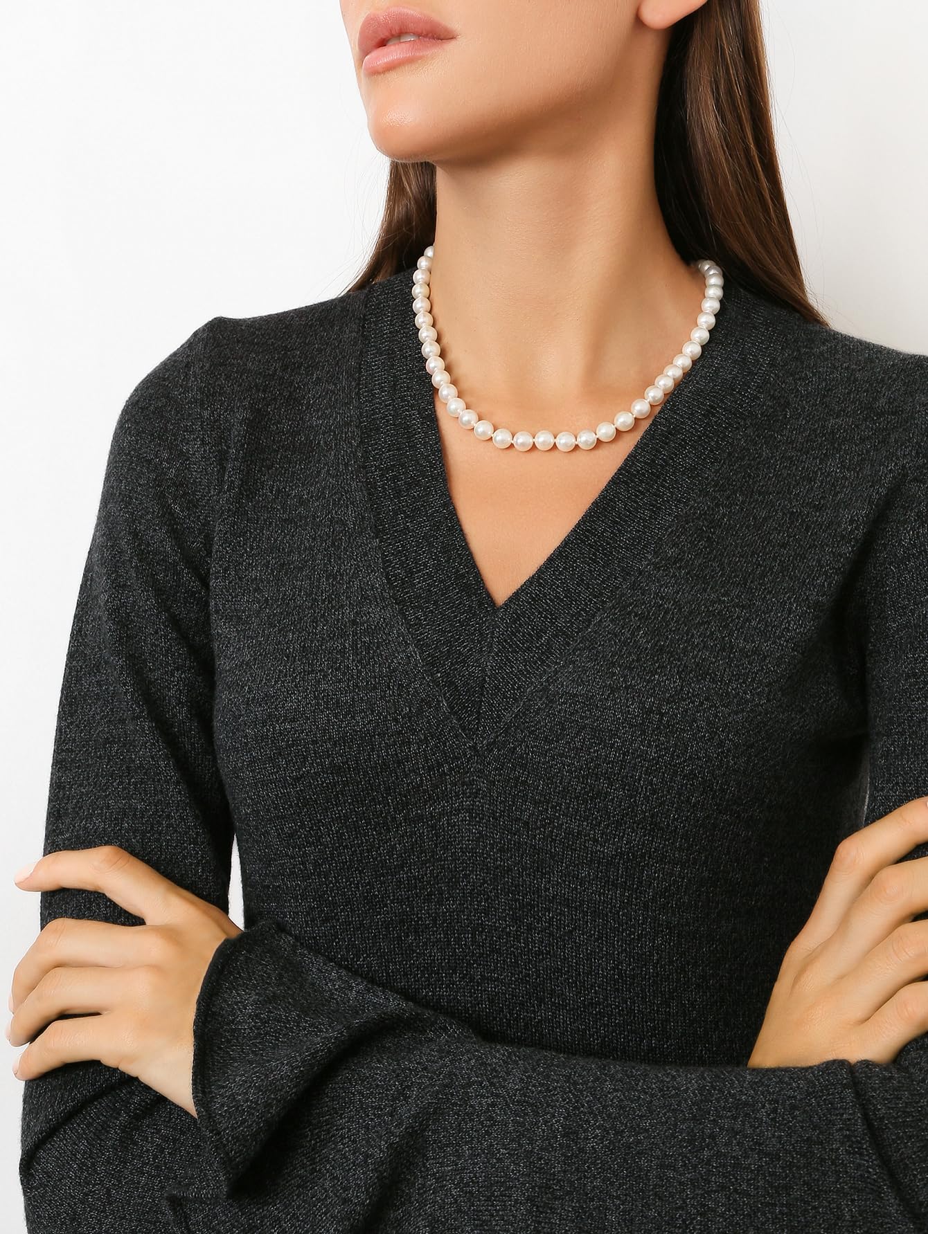 HUWODY Round White Simulated Shell Pearl Necklace Strand Pearl Choker Necklace Jewelry for Women 8mm 18inch