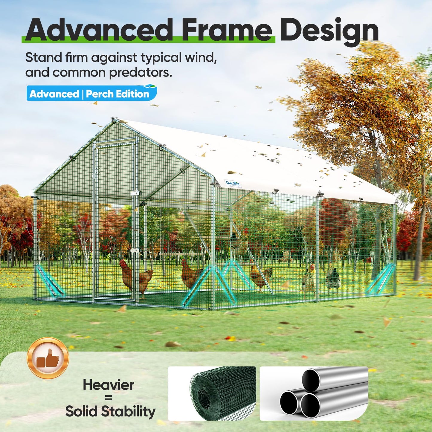 Quictent Large Metal Chicken Coop Run for 20+ Poultry with Metallic Perch, Side Hardware Cloth & Cover, Advanced Series Outdoor Walk-in Cage Hen Duck Rabbit Dog Pen Yard Farm House, 12x9x6.6FT