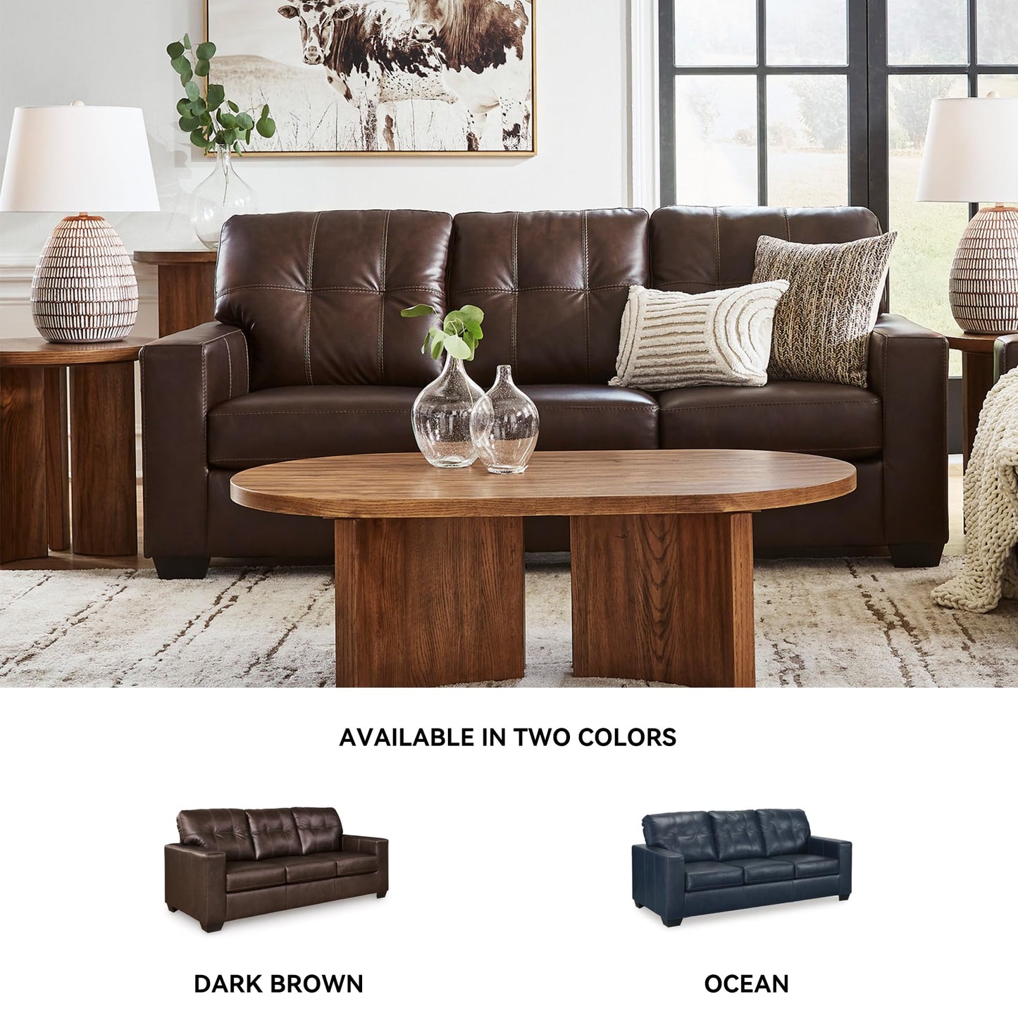 Signature Design by Ashley Santorine Transitional Tufted Leather Match Sofa, Dark Brown