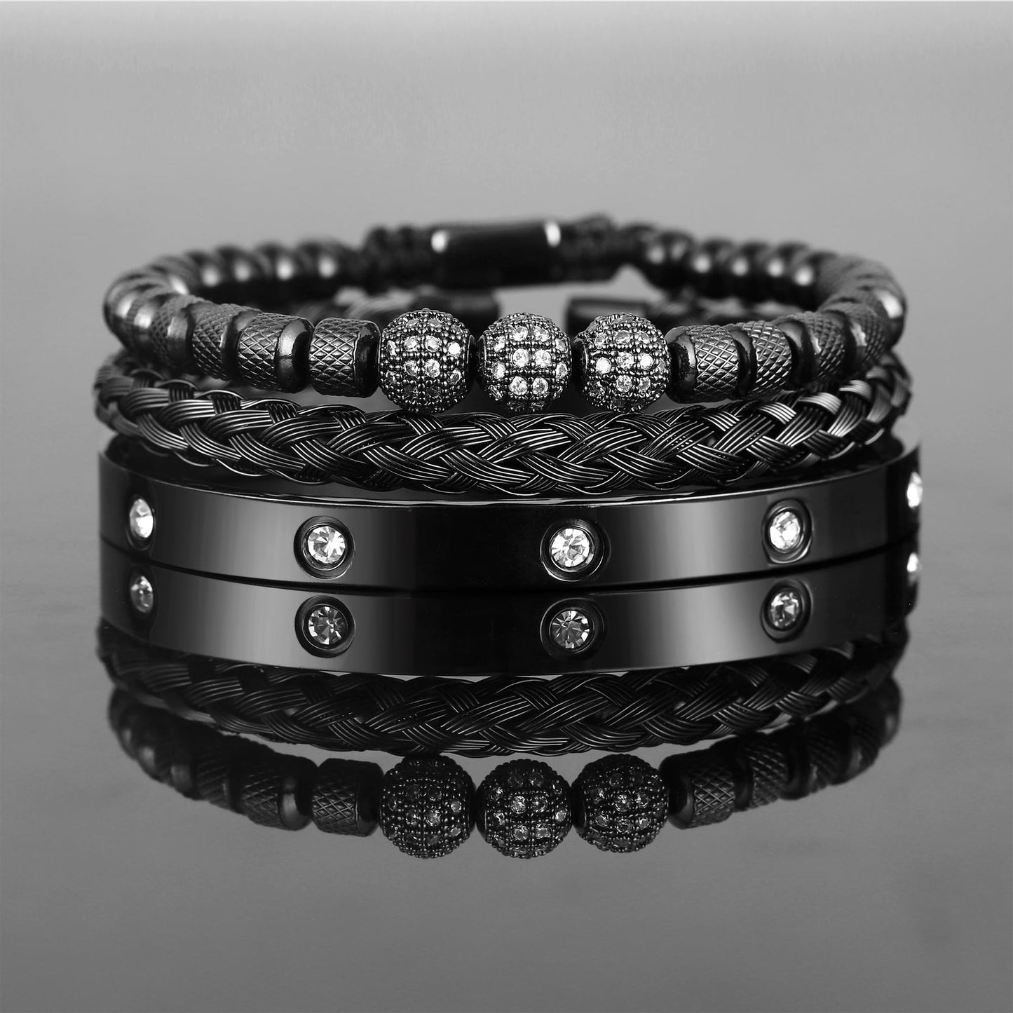 WFYOU 3PCS Stainless Steel Bracelets for Men Gold Roman Numeral Bangle Bracelet Twisted Cable Bracelet Adjustable Cuff Bracelet Mens Luxury Jewelry Bracelets Gifts(N:Black-CZ Round Beads)