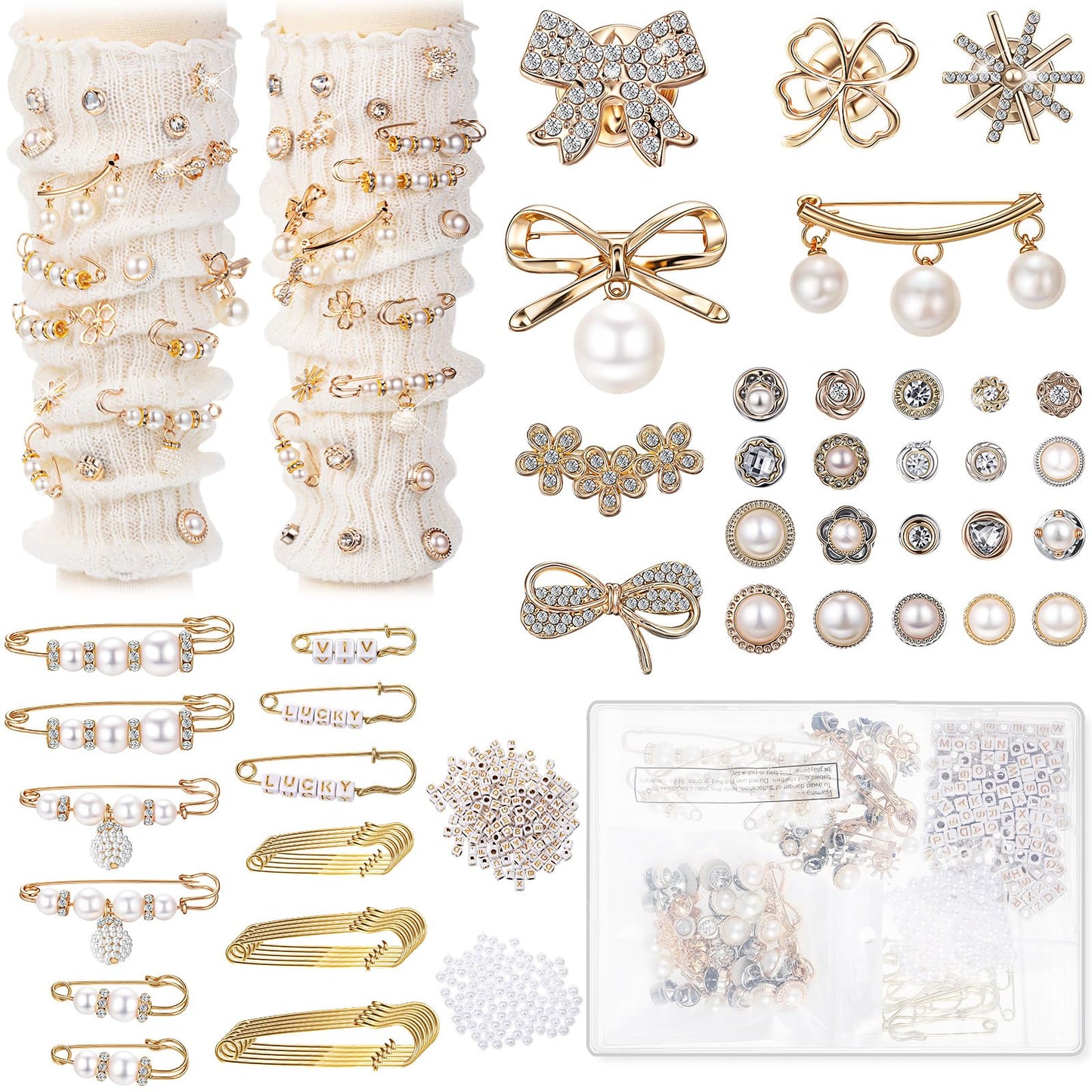Janinka 348 Pcs DIY Junk Socks Charms Kit with Letter Beads, Gold Charm Safety Pin Brooch Pearl Rhinestone Jewelry Bulk Decorating Accessories for Women Socks Shoes Hat Clothes (Elegant Style)