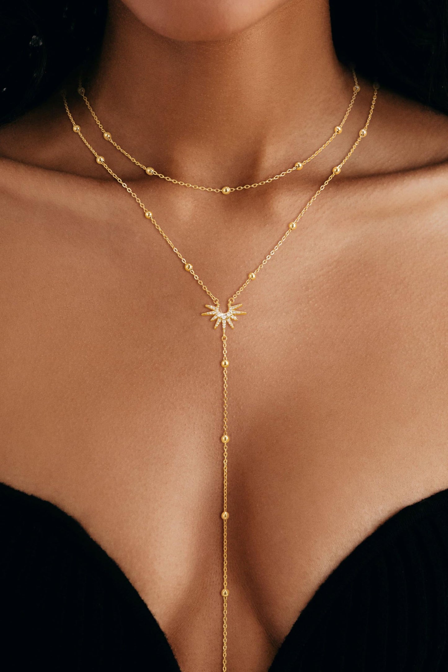 CHESKY Lariat Gold Necklace for Women, Dainty Long Necklace 14k Gold Plated Y-Shaped Pendant Necklace Trendy Layered Cz Beaded Chain Drop Necklaces Simple Gold Jewelry for Women Gifts