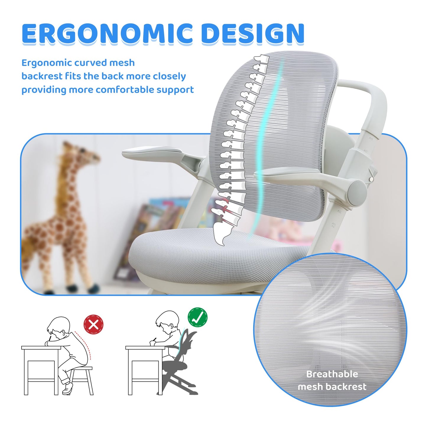 ERIYA Kids Desk Chair,Ergonomic Chair: Breathable Mesh Back, Adjustable Seat, Flip-Up Armrests, Footrest, Lumbar | Ideal for Kids, Petite Adults – Ultra-Comfy for Study/Work (Grey)