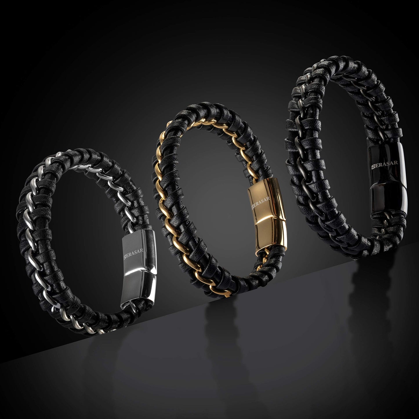 SERASAR Leather Bracelet Black 17cm Men Gift Box Genuine Cowhide Braided Adjust Able Magnetic Clasp Jewellery Rope Man Mans Male Mens Bracelets Band Jewelry Magnet Accessories