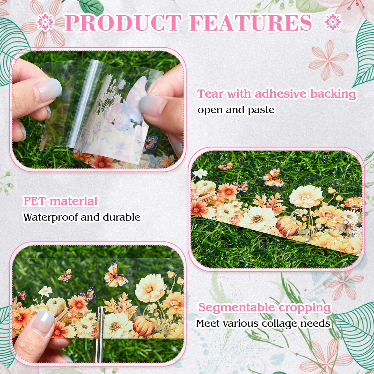 Gilprop 5 Rolls Floral Washi PET Tape Set Flower Butterfly Scrapbook Junk Journal Supplies, Clear Decorative Tape Stickers DIY for Arts Crafts Bullet Planner, 50mm Wide x 78. 74 Inch Long/roll