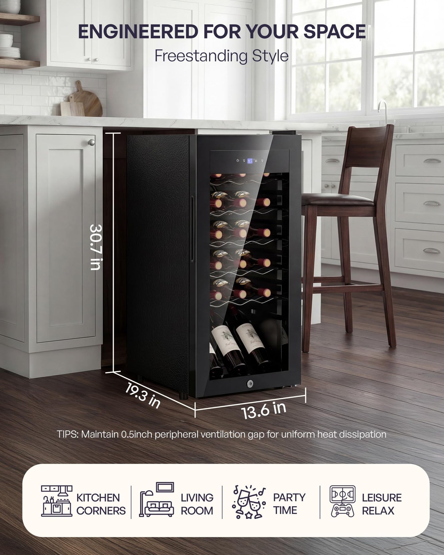 Icyglee 18 Bottle Compressor Wine Cooler Refrigerator，Freestanding Wine Fridge with Digital Temperature Control & Double-layer Glass Door, 41-64°F Wine Cellar for Red Wine, Champagne, Beer, Black