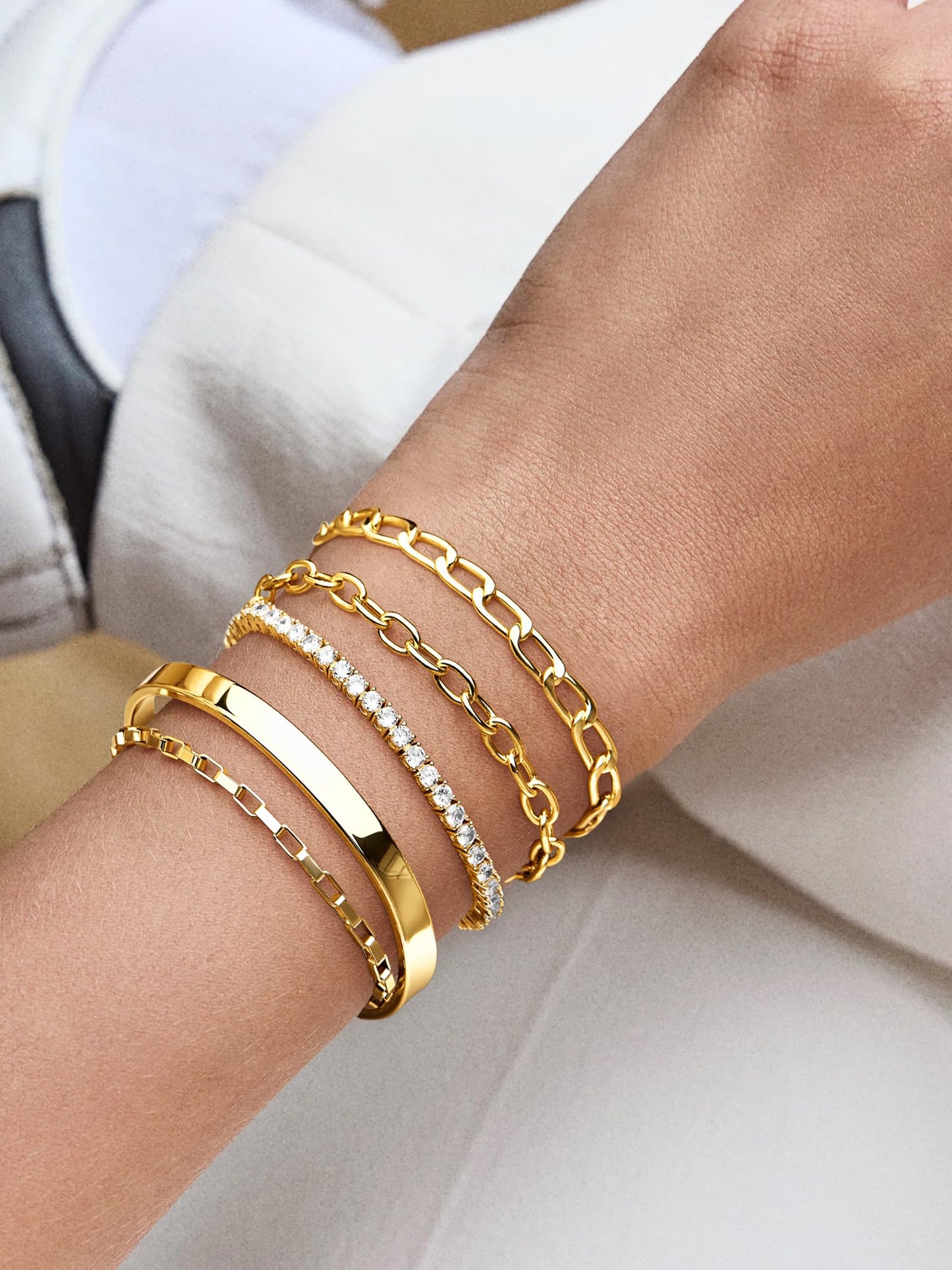 5PCS Gold Bracelet for Women Trendy, 14K Gold Plated Tennis Chain & Cuff Bracelets Set Dainty Cute Gold Stackable Bracelets Non Tarnish Gold Jewelry Set Gift
