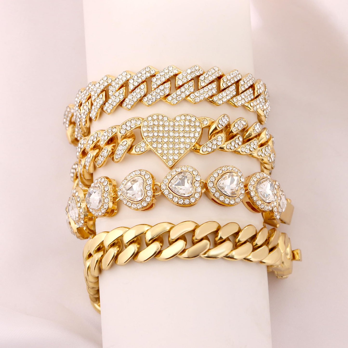 shopbyskyler 4PCS Gold Bracelets for Women Silver Clustered Tennis Bracelet for Women Heart Round Diamond Cuban Bracelet Layered Link Bracelet Set Fashion Jewelry (Gold-2, 8inch)
