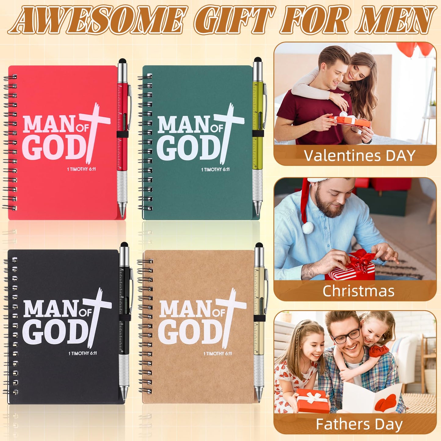 AmazingSpark 24 Pcs Church Gifts for Father's Day Bulk Man of God Christian Gifts Multi Tool Pens with Spiral Religious Notebooks for Dad Husband Adults Men Fathers Day Birthday