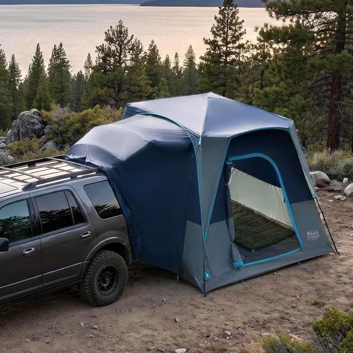 TIMBER RIDGE 5 Person SUV Tent Weather Resistant Portable for Car SUV Van Camping, Includes Rainfly and Storage Bag, 10' W X 8' L X 7.1' H Blue