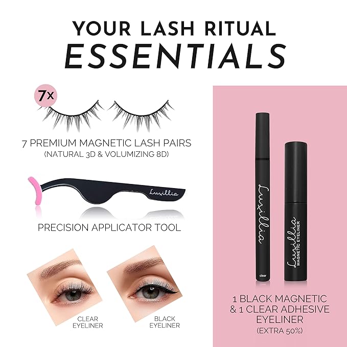 Luxillia 10-Piece Clear & Black Magnetic Eyelashes with Applicator & Magnetic Eyeliner Kit – Reusable Natural Magnetic Lashes – Easy Apply Lash Kit for Beginners – Waterproof Dramatic Looks