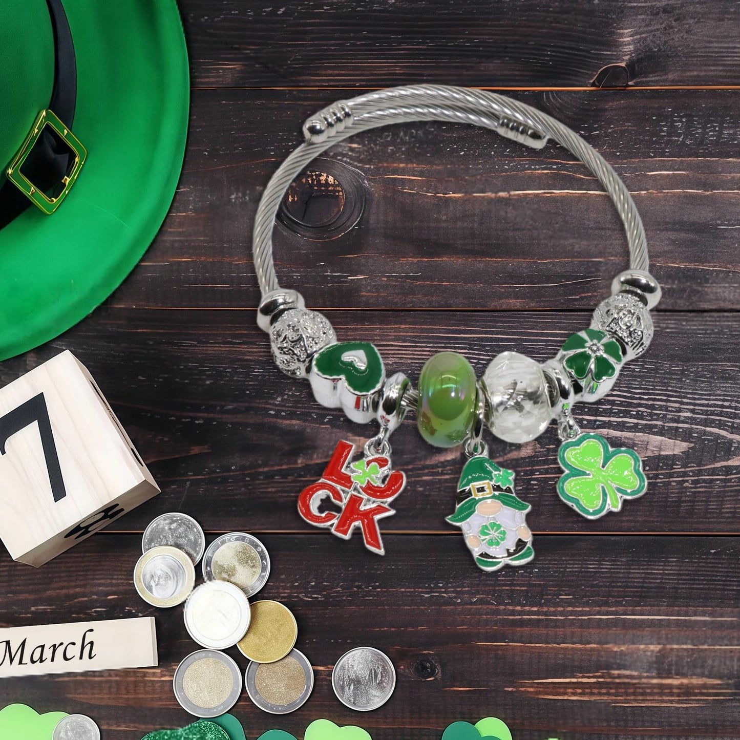 IUULOB St. Patrick’s Day Silver Women Bracelets - Adjustable Charm Bracelets for Women Birthday Gifts Favors Titanium Steel Bracelet Bundle Jewelry Kit, Party Favors