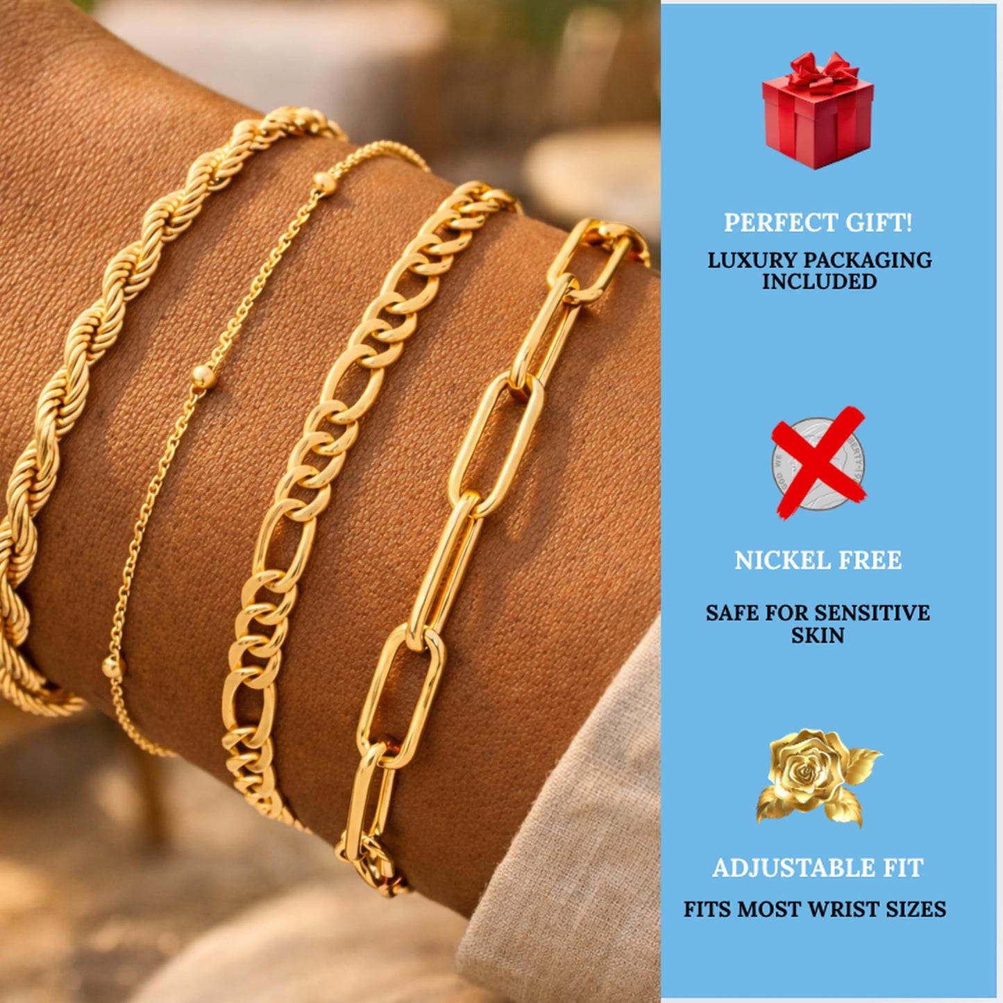 Waterproof Gold Stackable Bracelets Set for Women 4-Piece Stacked Bracelets, 18K Gold Plated Stainless Steel Women’s Bracelet Set, Dainty Layered Bracelets (Paperclip, Figaro, Rope, Satellite)