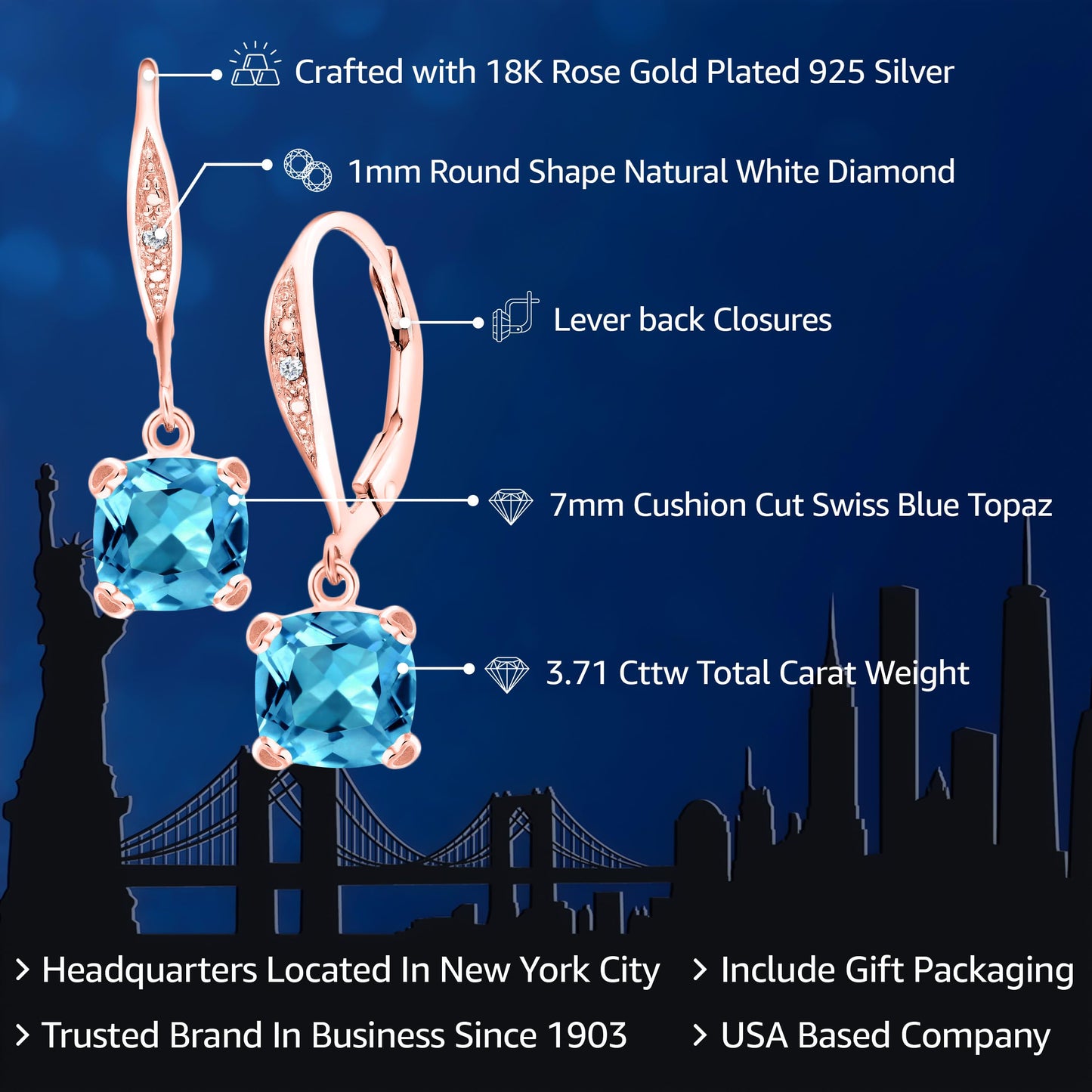 Gem Stone King Drop Dangle Earrings For Women | 7MM Cushion Cut Gemstone Birthstone and Diamond | 925 Sterling Silver | Jewelry Gift for Mom Wife Her | Swiss Blue Topaz-November | Rose Gold