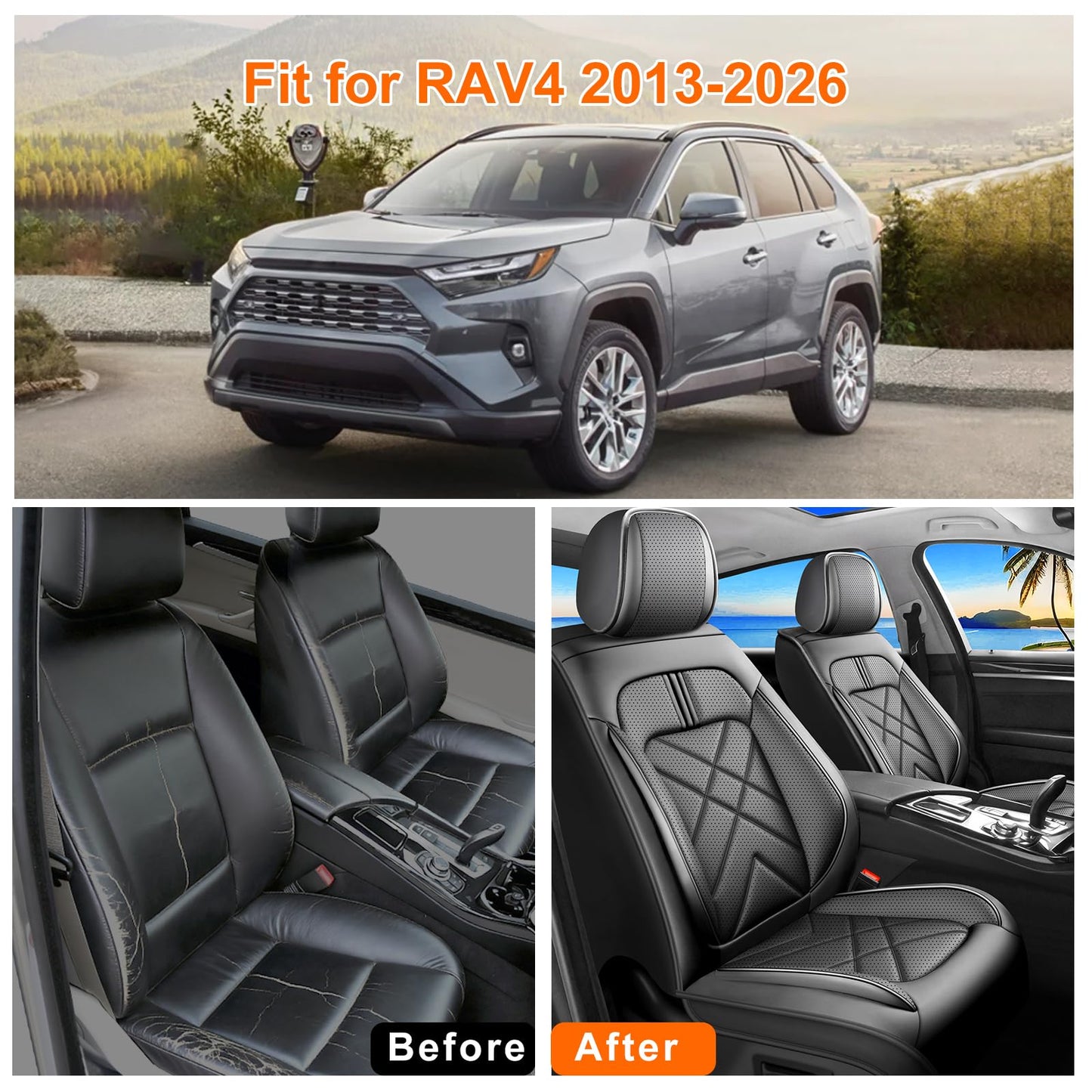 YOGLOD RAV4 Car Seat Covers Custom Fit for Toyota RAV4 2013-2025 2026, Full Coverage Leather Waterproof Breathable Seat Covers Full Set, Automotive Seat Protectors, Airbag Compatible(5 Seats, Black)