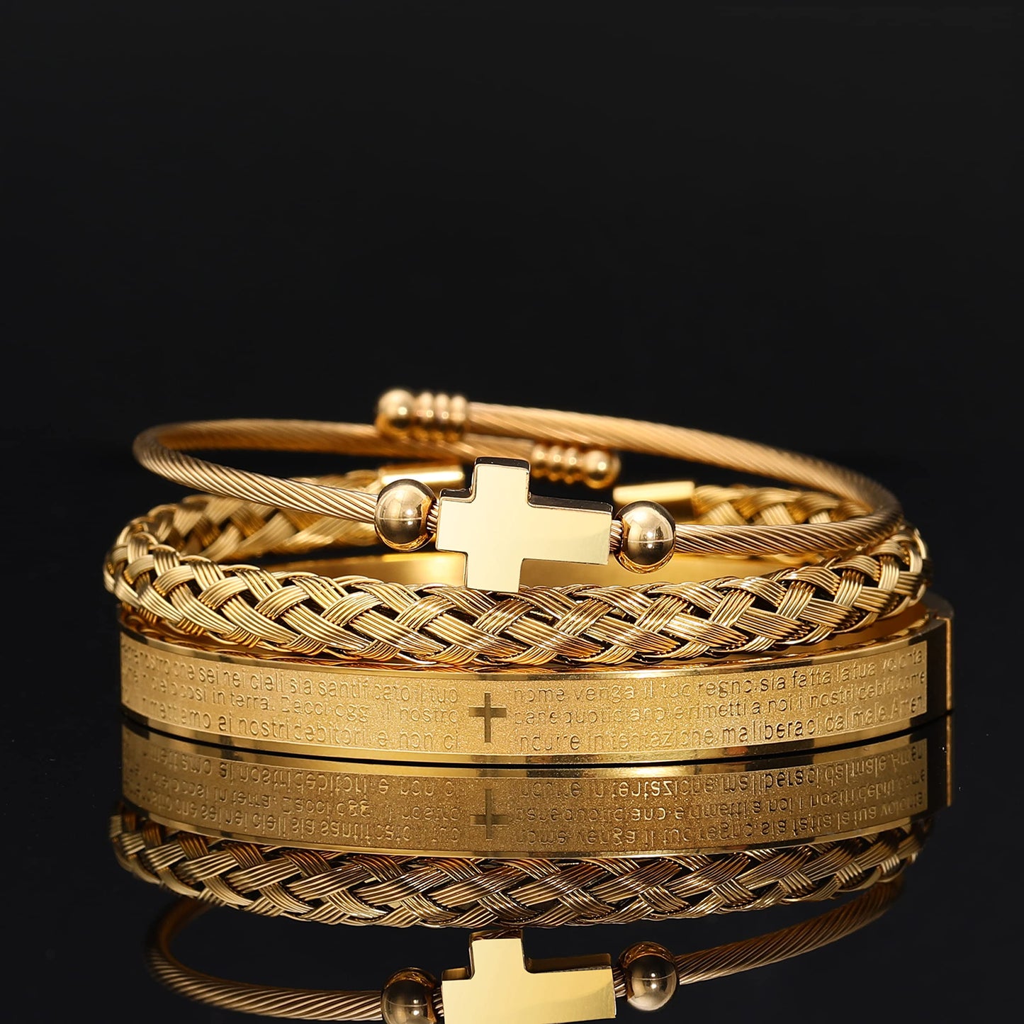 WFYOU 3PCS Stainless Steel Bracelets for Men Gold Roman Numeral Bangle Bracelet Twisted Cable Bracelet Adjustable Cuff Bracelet Mens Luxury Jewelry Bracelets Gifts