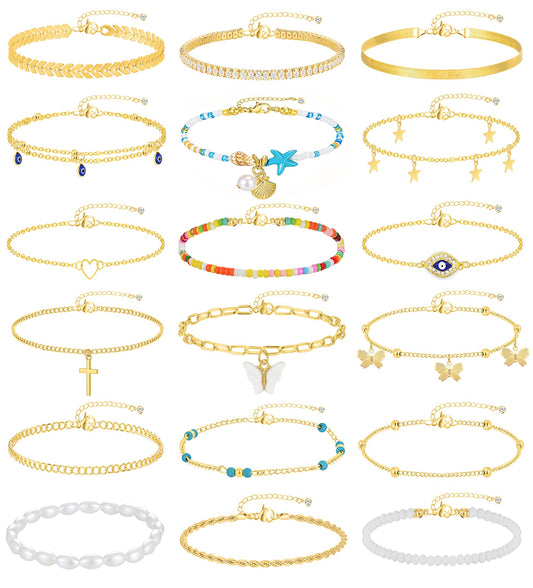 17KM 18PCS Gold Ankle Bracelets for Women, Boho Shell Bead Cuban Link Chain Waterproof Gold Anklets Set, Adjustable Layered Anklets for Women Beach Jewelry Gift