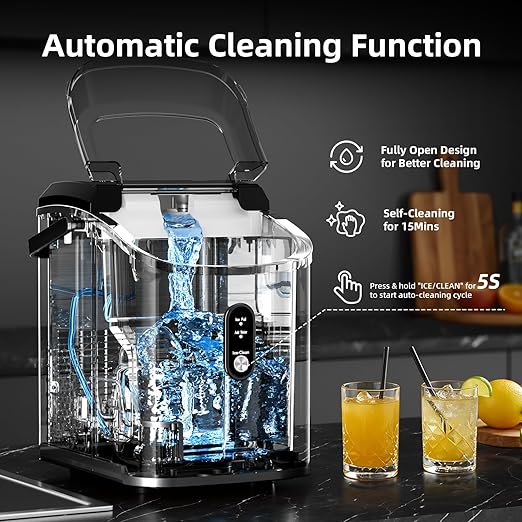 Antarctic Star Nugget Ice Maker Countertop, 34Lbs/24H, Soft Chewable Ice, Self-Cleaning, Portable Ice Machine, Fast Making in 8 Mins, Ice Basket & Scoop, Stainless Steel Black