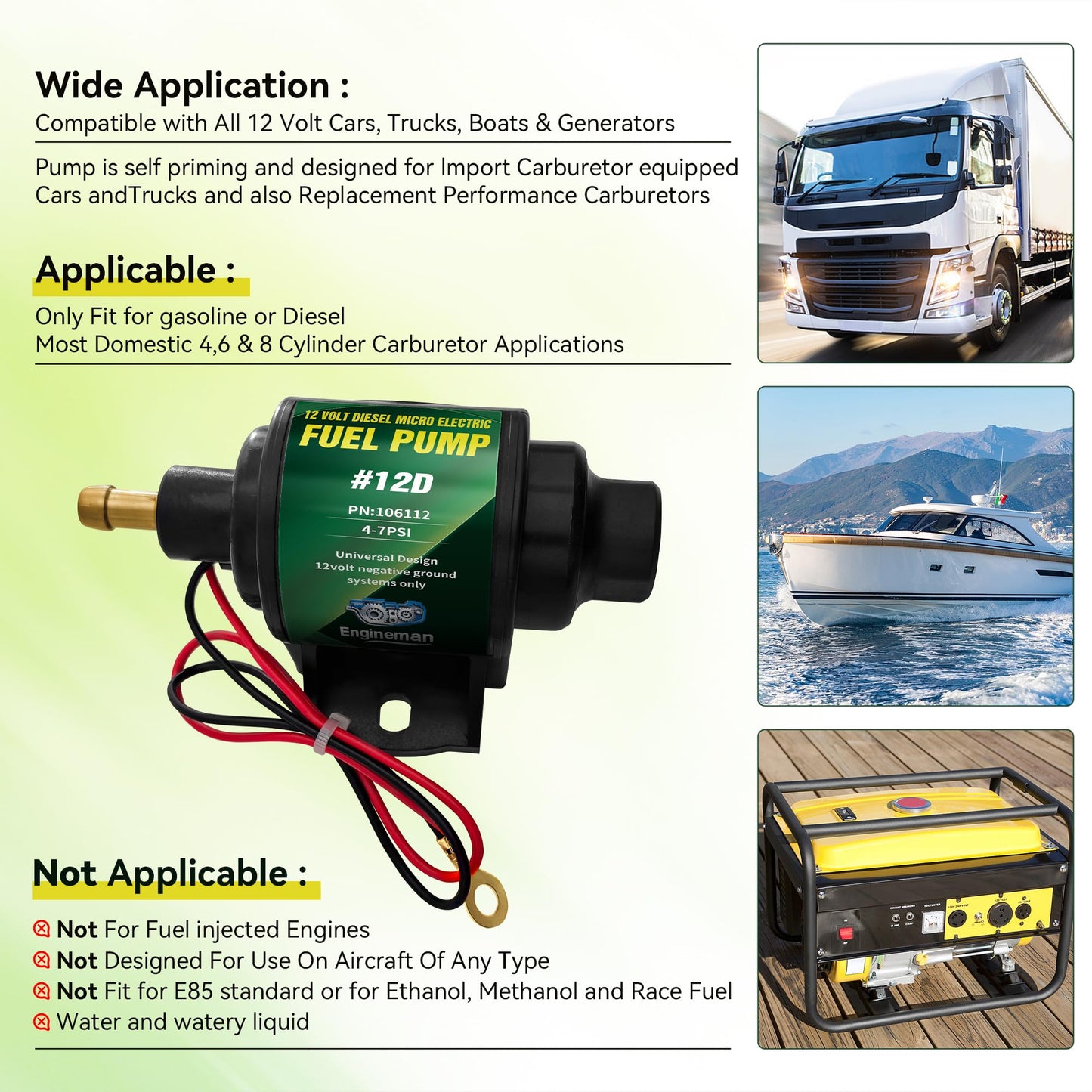 ENGINEMAN 12D Micro Electric Diesel Fuel Pump Universal 5/16 inch Inlet and Outlet 12V 1-2 A, 35 GPH, 4-7 PSI