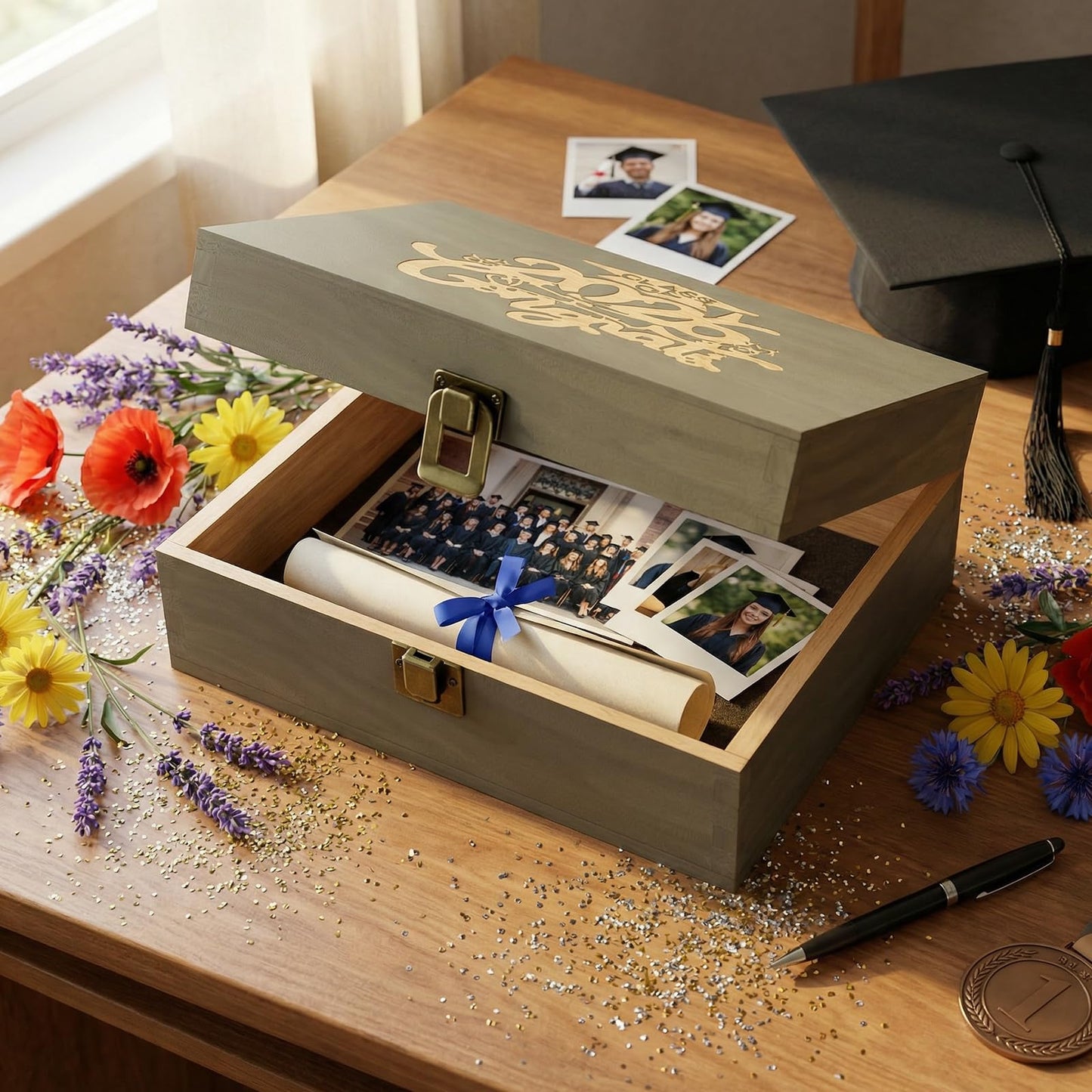 REMEIT Graduation Keepsake Box - Engraved Class of 2026 Wood Memory Box Congrats Grad Gift for Him Her, Perfect for Storing Graduation Memories & Mementos