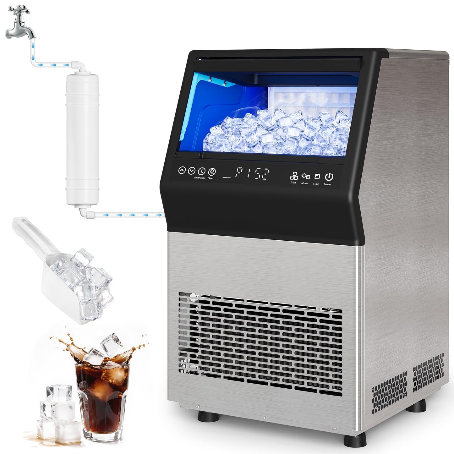 Commercial Ice Maker Machine, 110Lbs/24H Stainless Steel Undercounter Freestanding Ice Maker with 12Lbs Storage Capacity, Self-Cleaning, LED Digital Display, 45 Ice Cubes 8Mins, Home/Bar/Restaurant