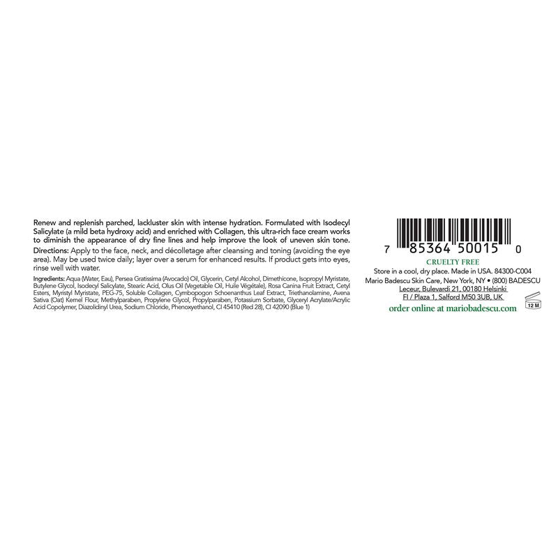 Mario Badescu Kera Moist Collagen Face Cream, Ultra-Rich, Fragrance-Free Face Moisturizer with Mild BHA and Oatmeal, Softens Dry Fine Lines and Evens Out Skin Tone, 1 Oz