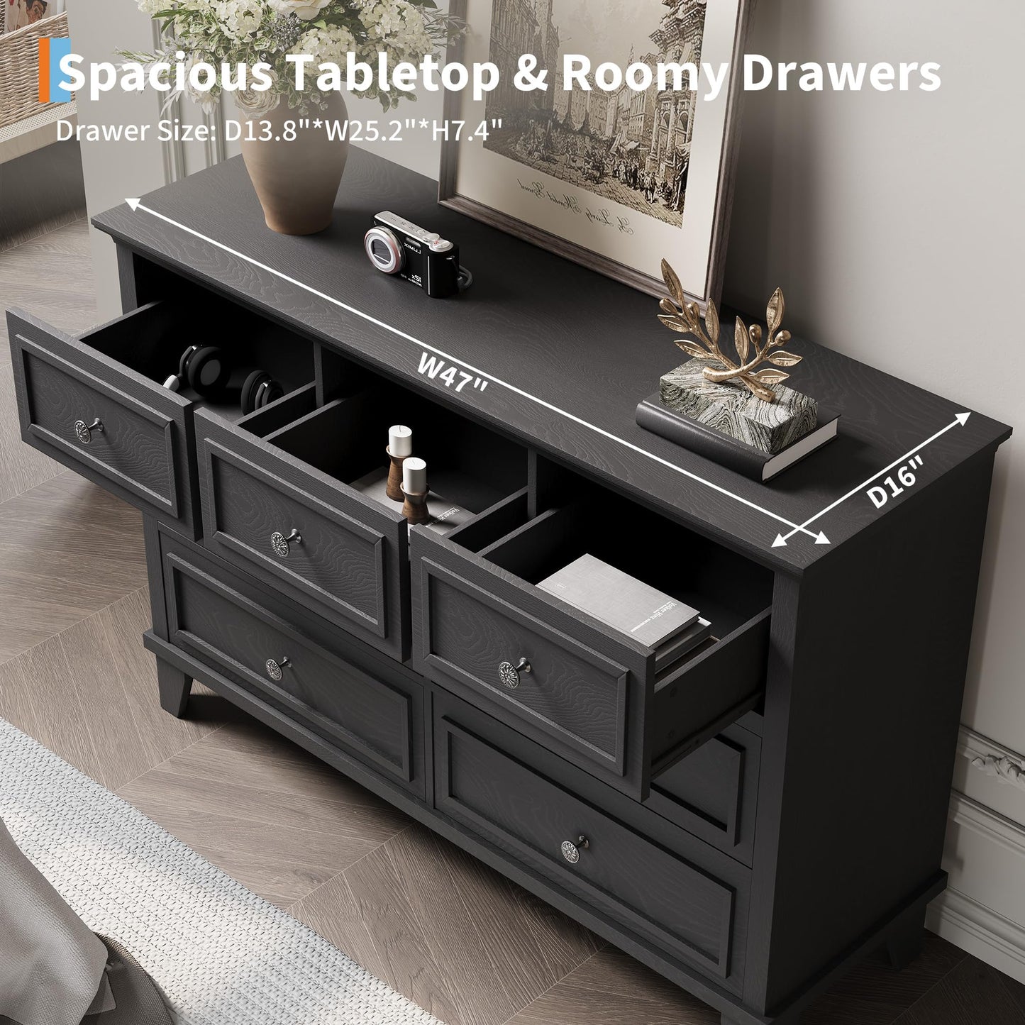 IDEALHOUSE 7 Drawer Dresser, Large Wooden Storage Chest of Drawers with Exquisite Metal Handles, 47" Wide Dresser TV Stand, Drawer Organizer for Bedroom, Living Room, Hallway, Entryway, Black