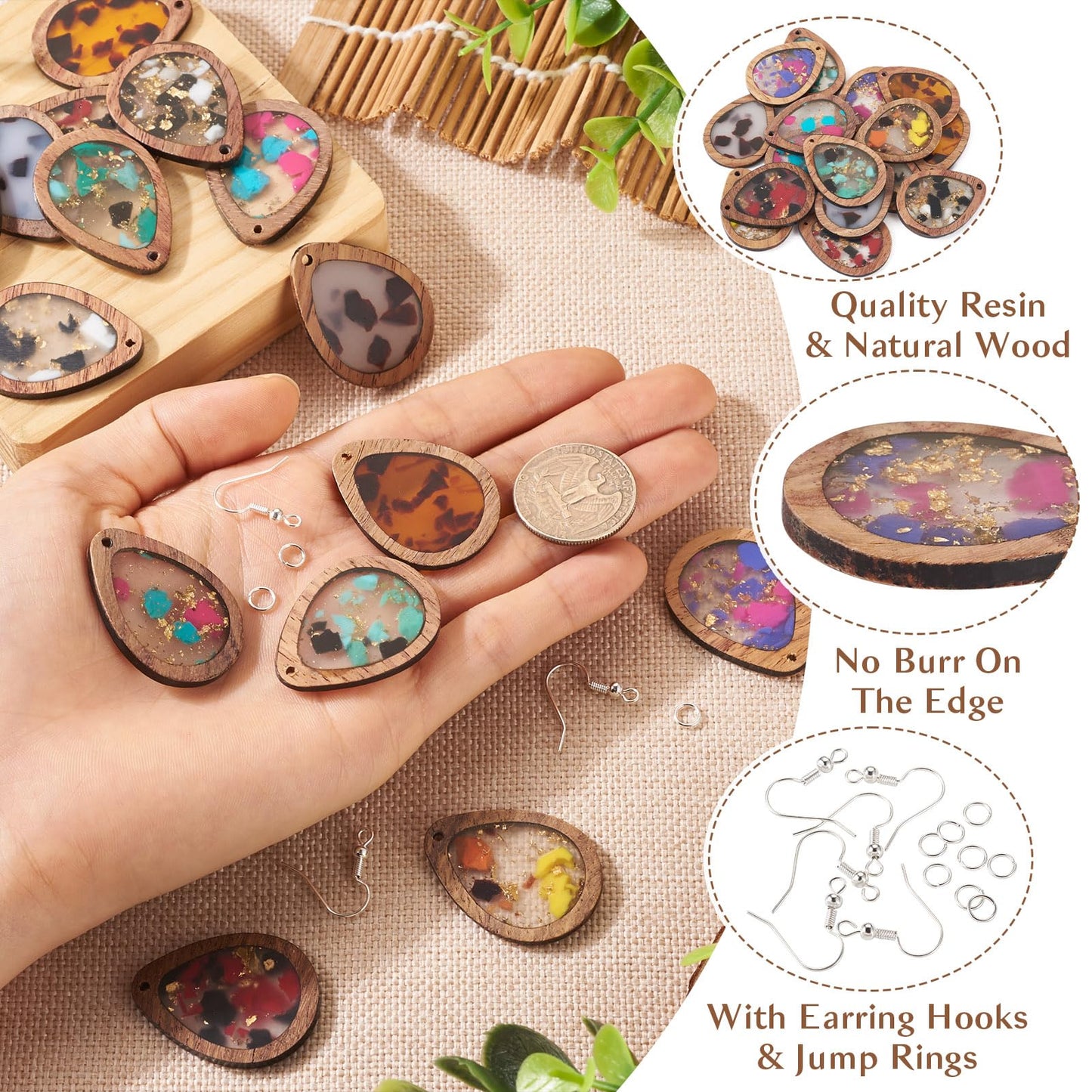 Boutigem 56Pcs Wood Dangle Earring Charm Kit with Teardrop Resin Wood Pendants Earring Hooks Jump Rings for DIY Women Jewelry Making Necklace Keychain Decor
