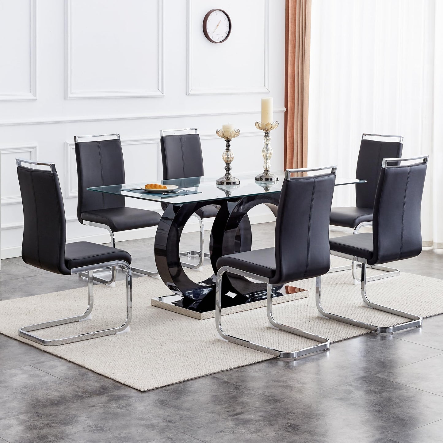 Ebullient Modern 7-Piece Dining Table Set, Tempered Glass Top, 6 PU Leather Ergonomic Chairs, Black