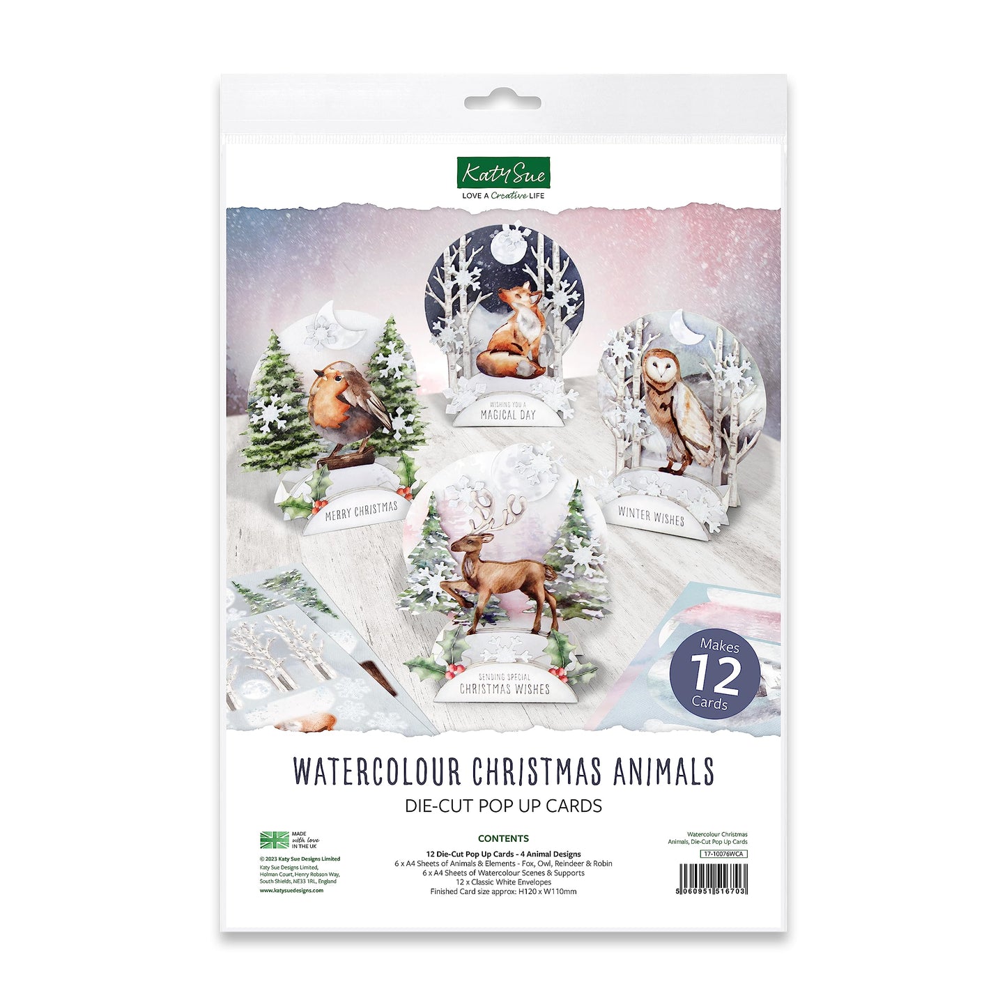 Katy Sue Watercolor Christmas Animals Die-Cut Pop-Up Card Making Kit for Adults. Makes 12 Cards with Festive Animals. Contains 12 Cards, 12 Sheets of Elements, & 12 Envelopes for Card Making Supplies