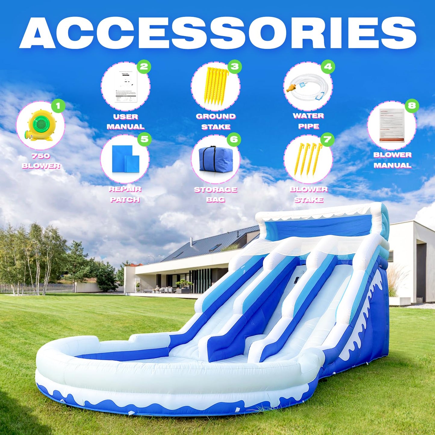 iLink-outer Grade Water Slide Inflatable with Pool for Kids Double Slide with Pool & Blower Water Tube for Kids and Adults, Oxford, Wet Dry Use, Party Gift-(Bule)