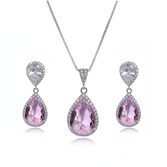 AMYJANE Wedding Jewelry Set for Bridesmaids - Women's Elegant Sterling Silver Pink Teardrop Crystal Cubic Zirconia Rhinestone CZ Necklace Set Bridal Party Prom Jewelry Sets