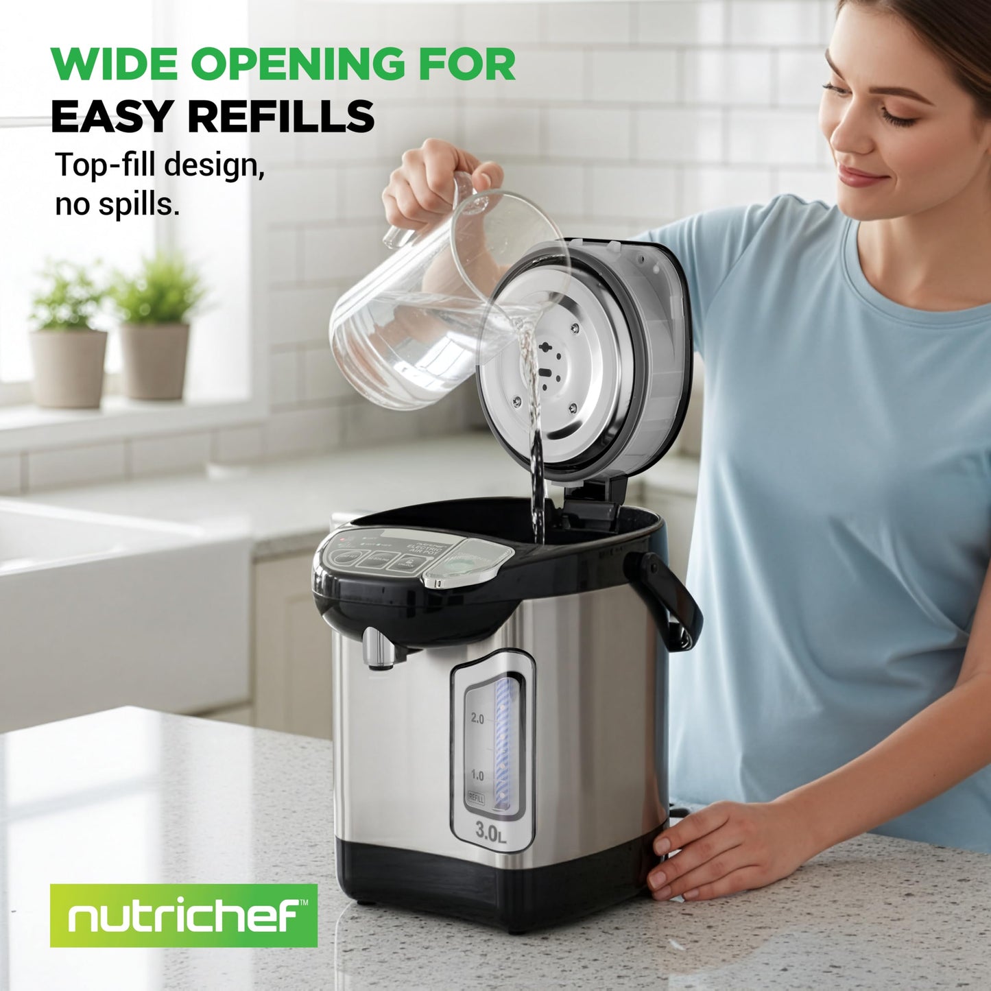 NutriChefKitchen Electric Water Boiler and Warmer - 3L/3.17 Qt Stainless Steel Electric Hot Water Dispenser w/Rotating Base, Auto Shut Off, Safety Lock, Instant Heating for Coffee & Tea (NCHUB13)