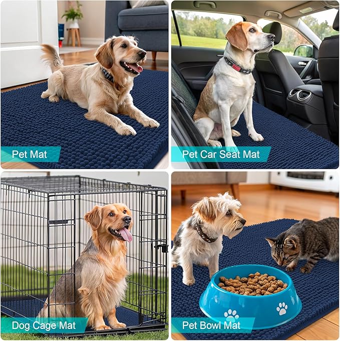OLANLY Dog Door Mat for Muddy Paws 70x46, Absorbs Moisture and Dirt, Absorbent Non-Slip Washable Doormat, Quick Dry Chenille Mud Mat for Dogs, Entry Indoor Entryway Carpet for Inside Floor, Dark Blue