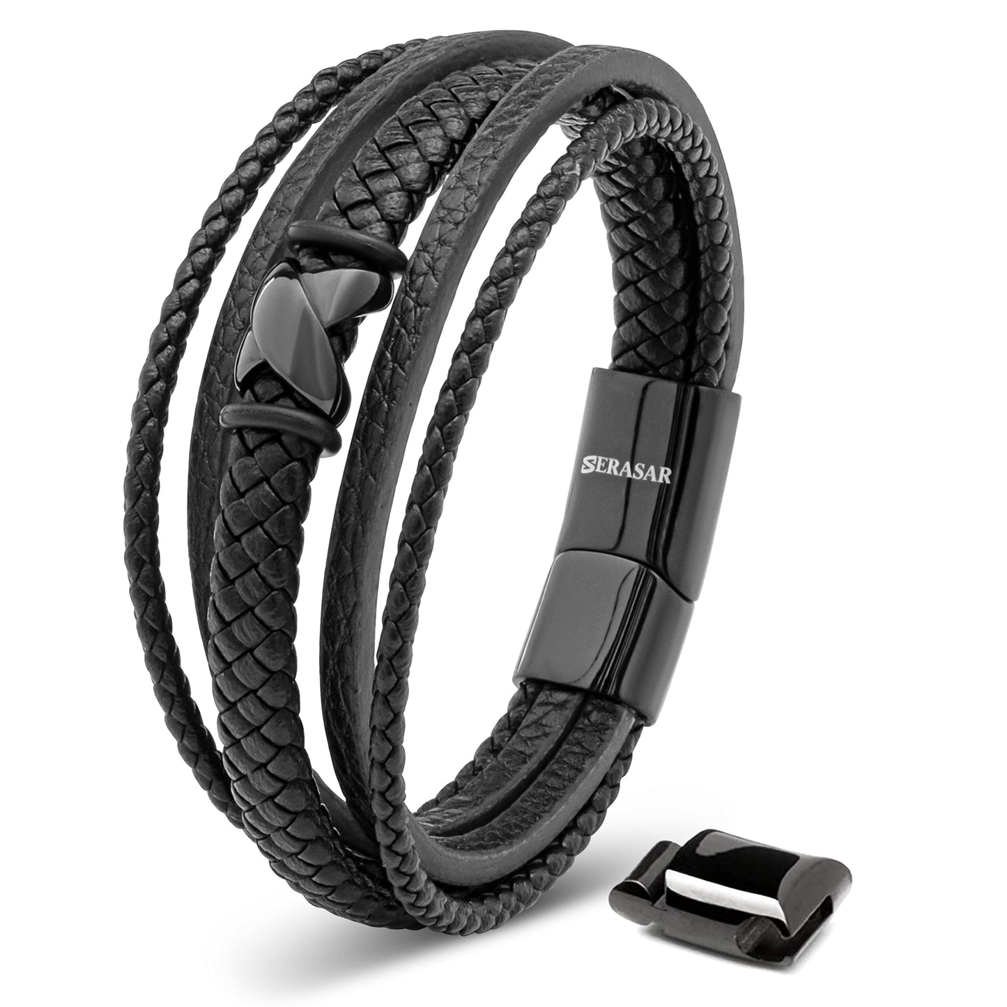 SERASAR Hombres Pulsera de cuero negro 23cm Brazalete Hombre Regalo Caja envuelta en genuina multicapa para Cierres magneticos Joyas