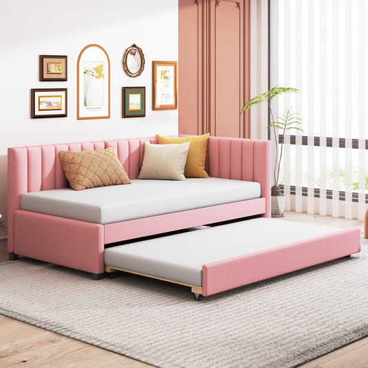 ACQCA Twin Size Upholstered Linen Daybed with Trundle,Semi-Closed Design,Solid Wood Bed Frame,W/Backrest and Slat Support,No Box Spring Needed,for Apartment Bedroom,Pink