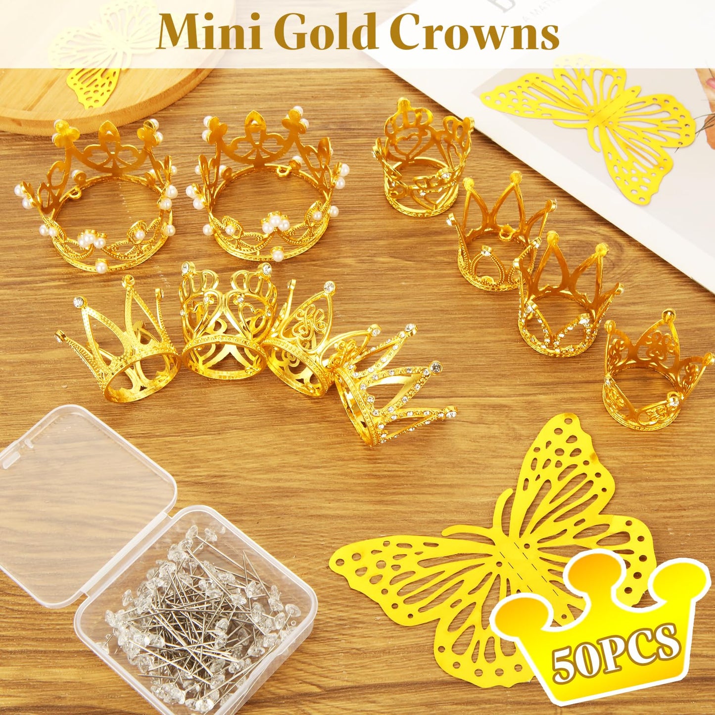 STARVAST 50PCS Mini Crowns Bulk for Flower Bouquets, Small Gold Crown Cupcake Toppers for Wedding, Baby Shower & Birthday Party Decorations, 5 Styles with Floral Arranging Needles