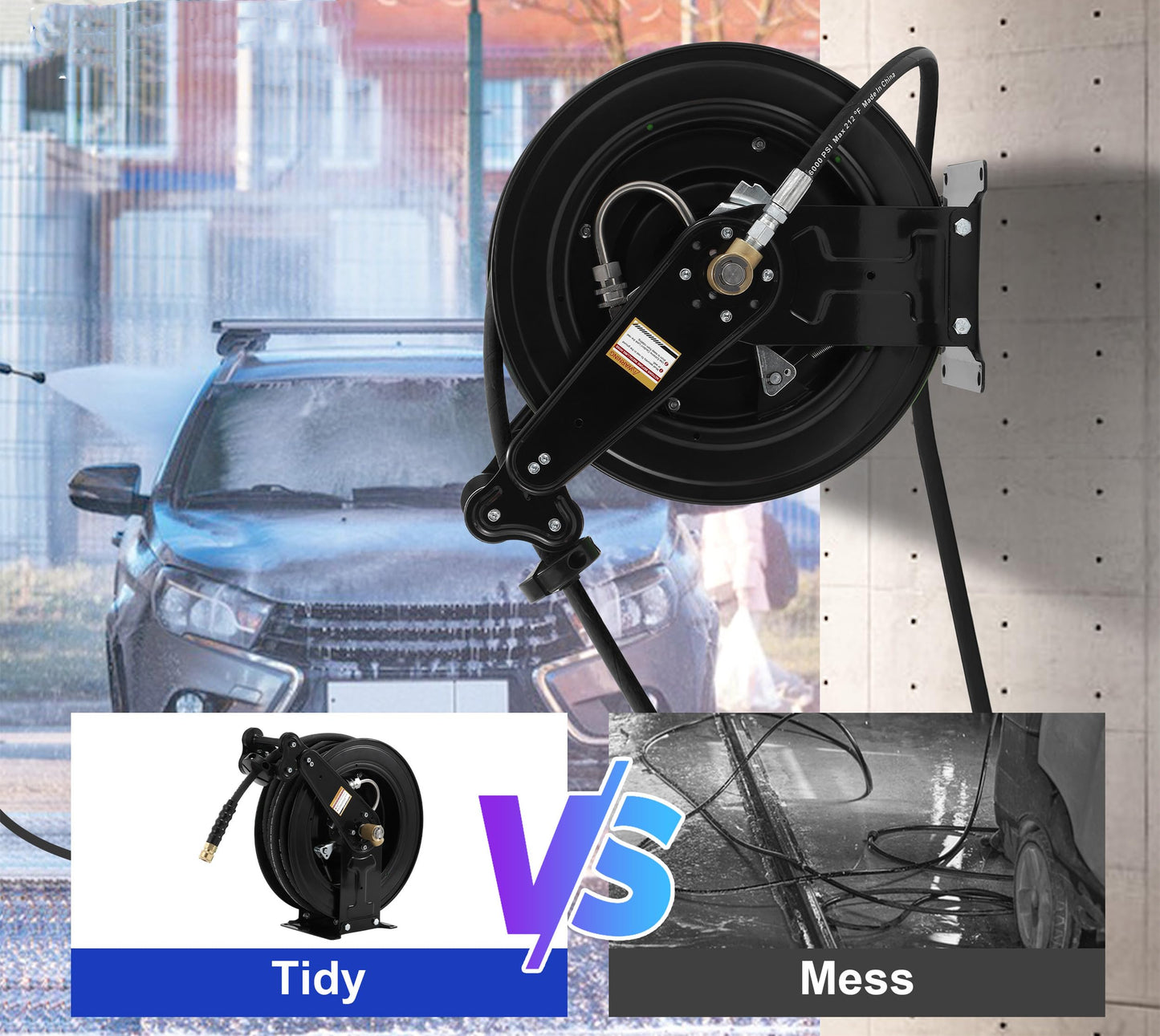 Retractable Pressure Washer Hose Reel, Heavy Duty Steel Professional Power Wash Hose Reel ，Double Arm 50FT x 3/8" with 5 ft Lead for Water/Air/Oil，4000 PSI [Pressure cleaning hose not included ]