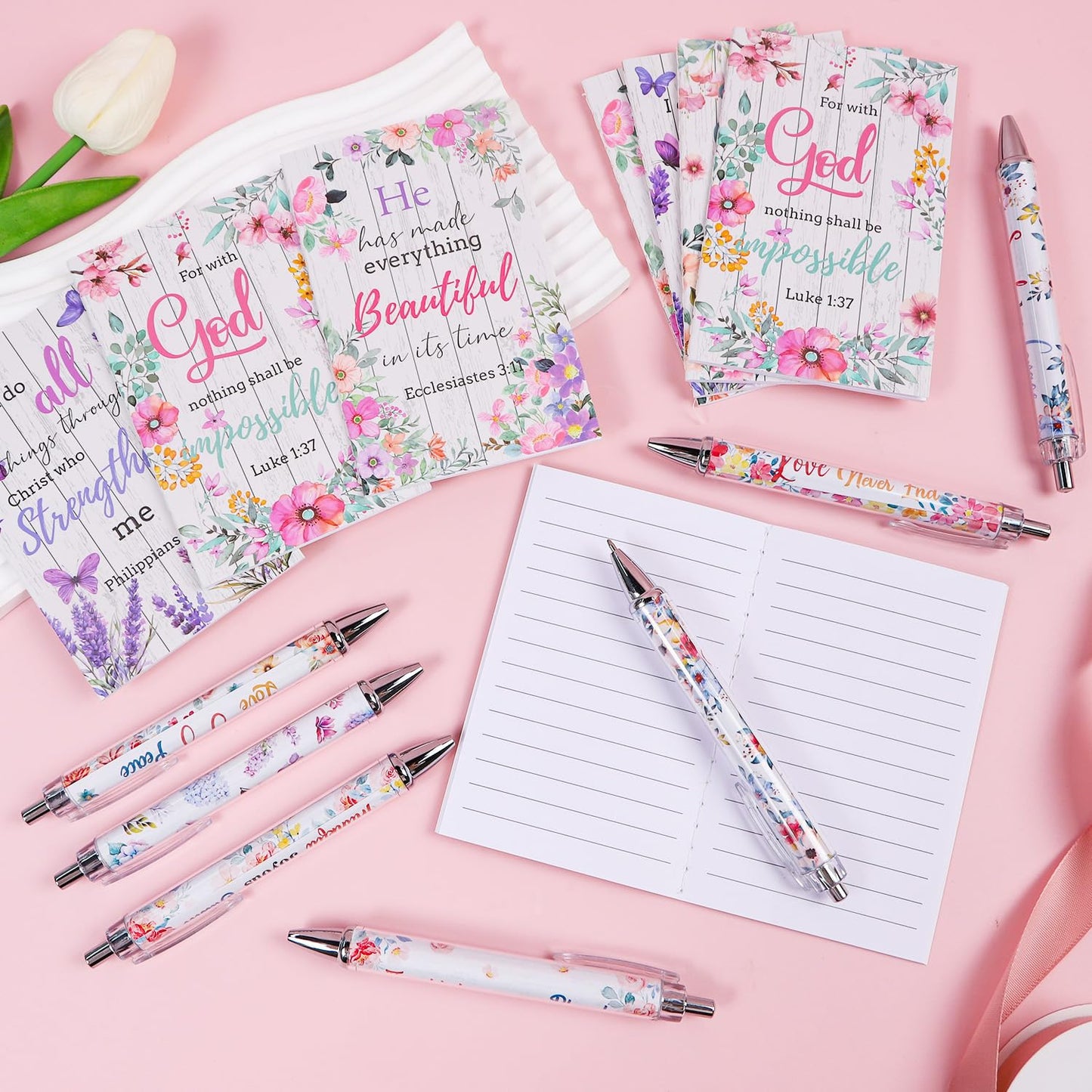 Wxiben Christian Inspirational Gifts Bulk - 24PCS Bible Verse Pens Scripture Notebooks Floral Motivational Ballpoint Pens Set Positive Religious Easter Gift for Women Men Church Sunday School Teacher