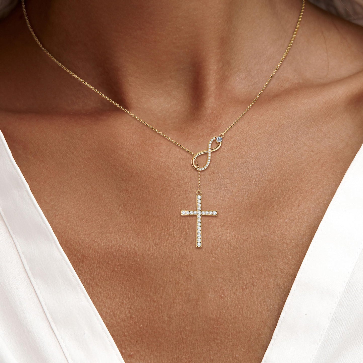 Moissanite Cross Lariat Necklace for Women Infinity Loop Cross Necklace 925 Sterling Silver Trendy Dainty Long Y Shape V-neck Necklace Jewelry Gifts for Wife, Girlfriend, Mom, Birthday, Anniversary Present
