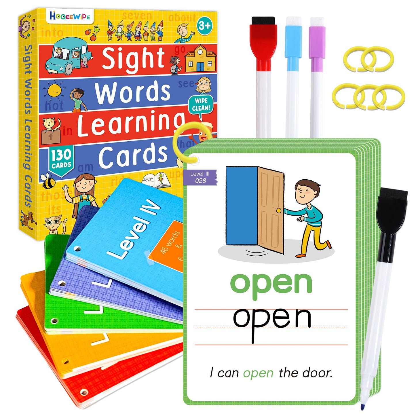 HOQEEWIPE Sight Words Flash Cards Kindergarten, Reusable 250 Dolch Sight Word Games to Learn to Write, Speak and Spell-Homeschool Supplies, Essential Preschool Learning Activities for Kids Ages 3-5