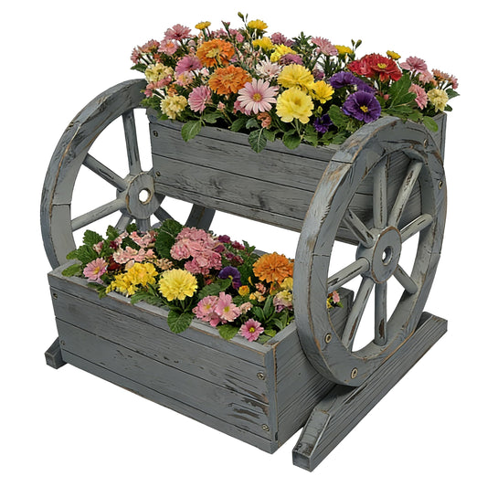 2 Tier Classic Wooden Wagon Planter Box|Outdoor Planter/Flower Pot for Indoor&Outdoor Plants-Rustic Garden Planter for Patio,Porch&Garden Decor-Raised Garden Bed for Succulents,Herbs,Vegetables