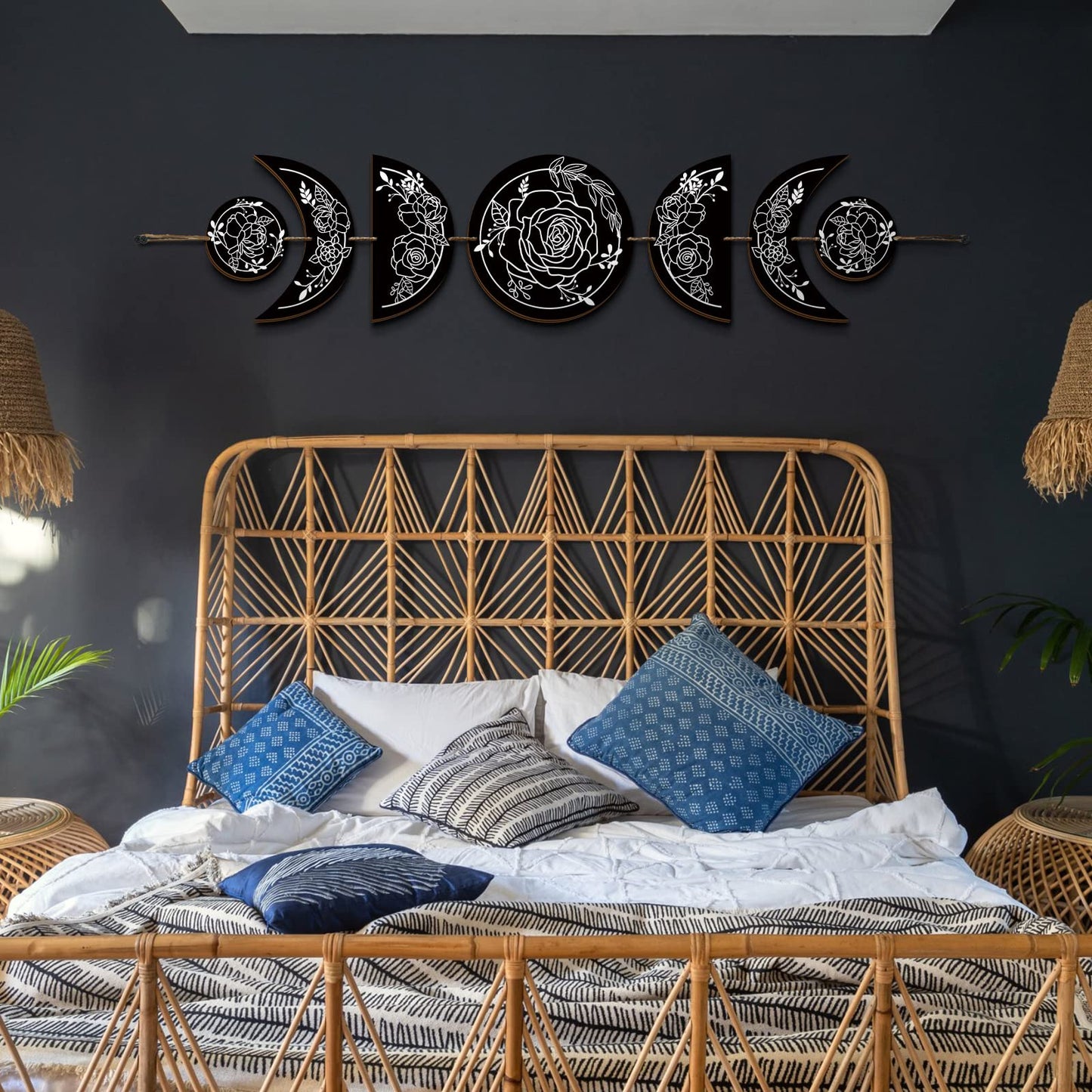 BBTO Boho Wall Decoration Moon Phases Wall Art Stars Moon Decoration Minimalist Room Wooden Gothic Witchy Door Pediments Hanging Sign(Black, White)
