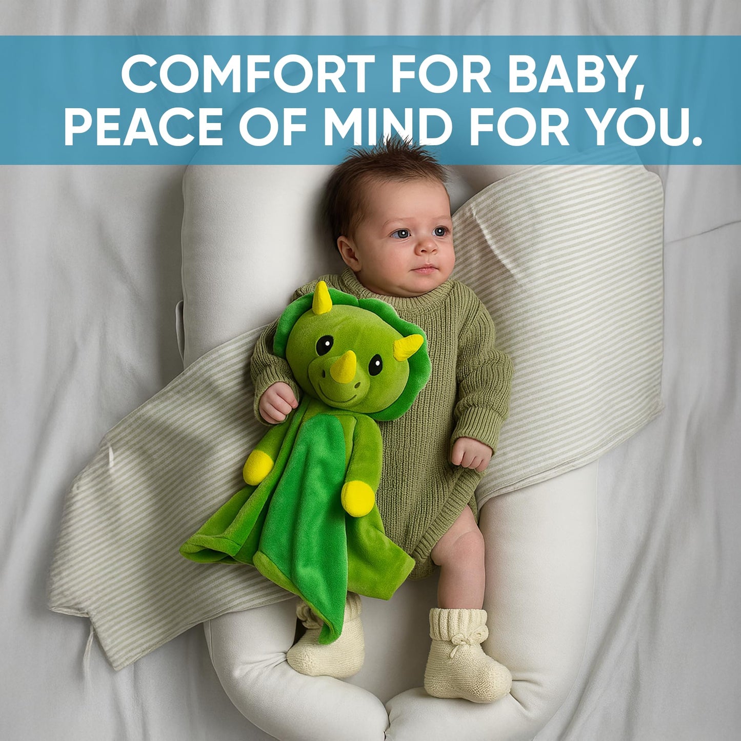 Love By Emi 4 in 1 Baby Lullaby Sleep Soother Toy - Stuffed Animal Sound Machine & Pacifier Holder | Heartbeat White Noise & Music | Plush Green Dinosaur Lovey Sleep Aid Security Blanket (0-3 Years)