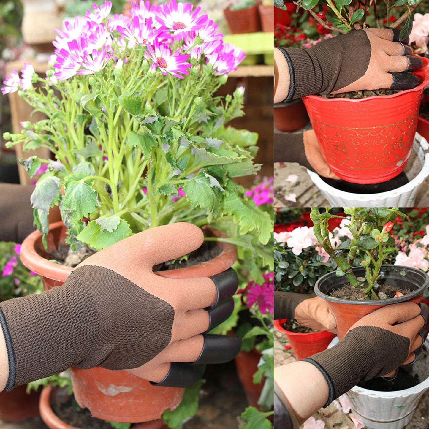 UIOOIU Gardening Gloves with Claws for Digging Planting and Weeding Waterproof Breathable for Gardeners (4 Pairs Brown and Green)