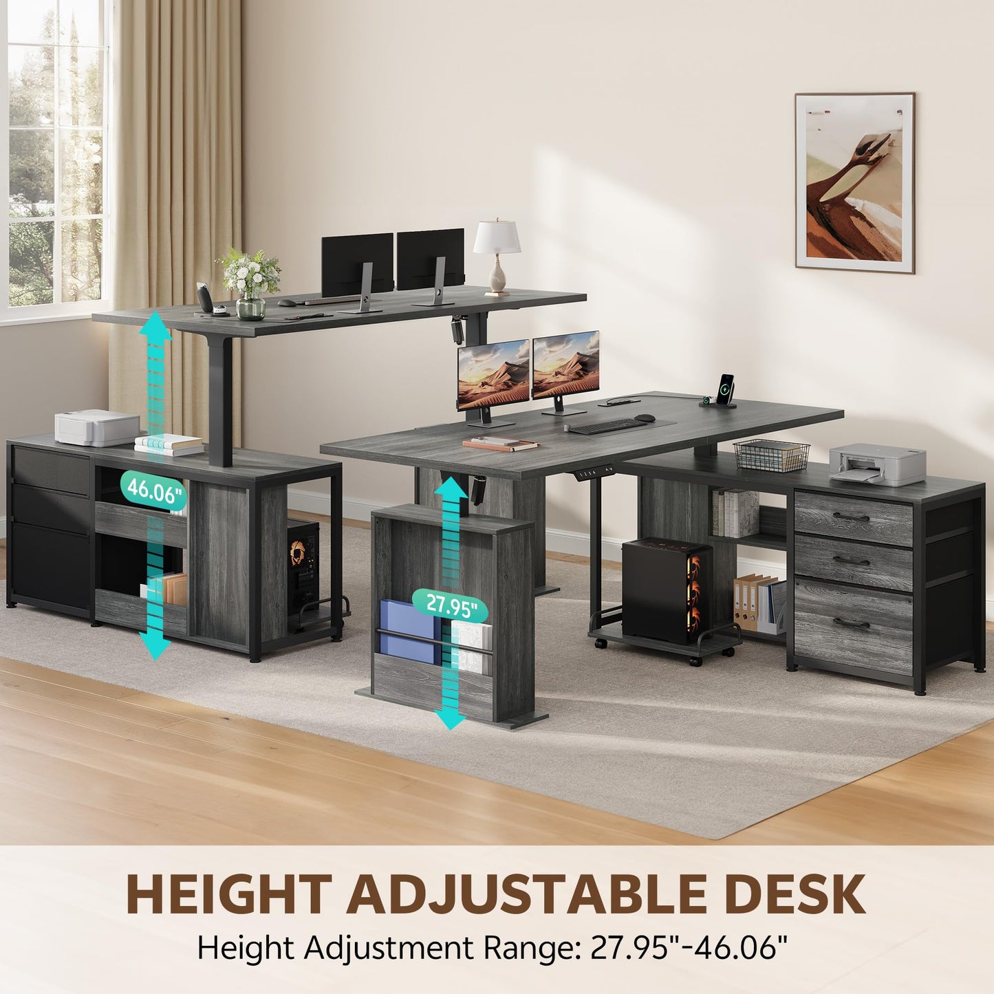 Homiflex 63" L Shaped Standing Desk with 3 Drawers Electric Adjustable Height Desk Corner Standing Desk with Storage Computer Game Desk with Power Outlets Computer Tower Stand for Home Office, Grey