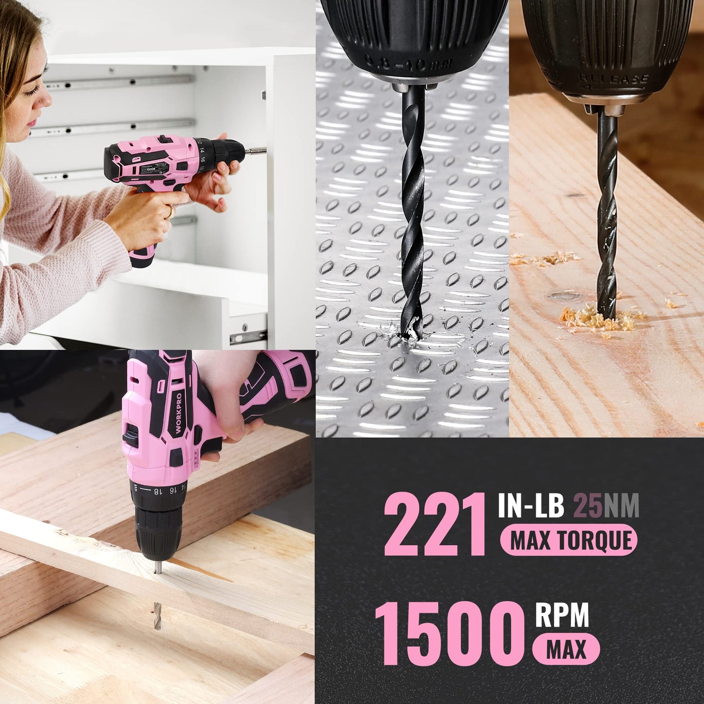 WORKPRO Pink Tool Set with Power Drill, 108PCS Portable Ladies Pink Drill Kit for Home with Toolbox and Pink Hammer, 1.5 Ah Cordless Drills with Keyless Chuck and Variable Speed Trigger - Pink Ribbon