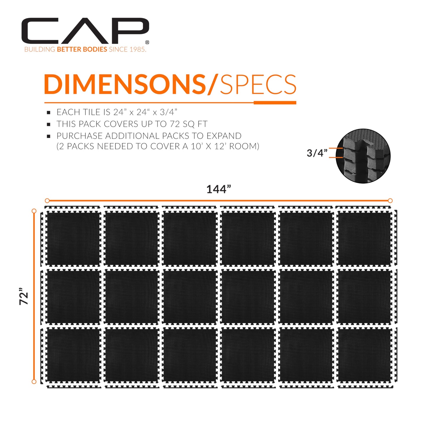 CAP Barbell 3/4-Inch Interlocking EVA Foam Exercise Puzzle Mats - 3 Pack | 24" x 24" x 3/4" | T Pattern - Black
