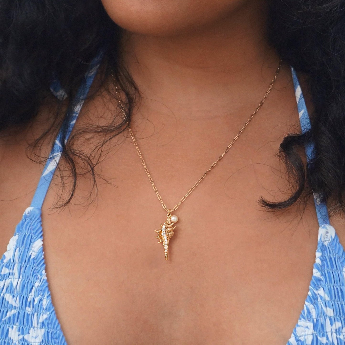 MYEARS Women Gold Necklace Conch Shell Pendant Pearl Bead Cubic Zirconia 14K Simple Dainty Oval Chain Everyday Summer Beach Jewelry