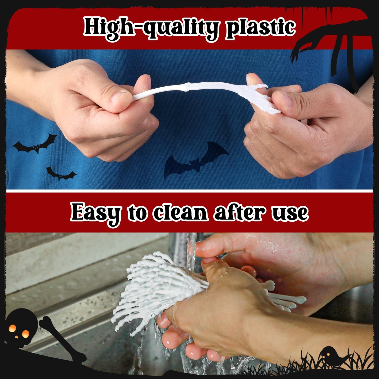 RunNico 50 Pcs 5.9''x1.5'' Halloween Skeleton Cocktail Stirrers, Reusable Skeleton Hand Swizzle Sticks, Halloween Plastic Drink Stirrer for Home Bar Horror Party Table Decorations Photo Props